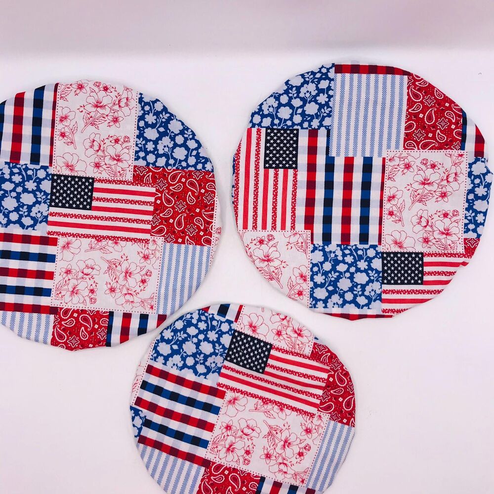 Cotton Bowl Cover For Sourdough, 3 Pc Set, Reusable Washable Patriotic Patchwork